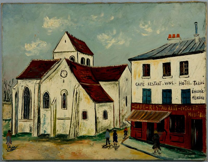 Street Scene by Maurice Utrillo, oil on canvas depicting a crumbling building and shadows on cobblestones.