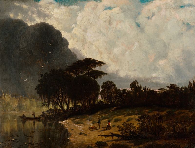 Lake Pontchartrain, Louisiana by Joseph Rusling Meeker, oil painting depicting tranquil water and sky.