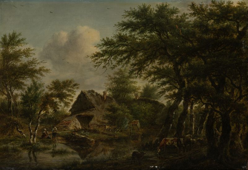 Paisaje con granja entre árboles, óleo sobre lienzo de Jan Hulswit