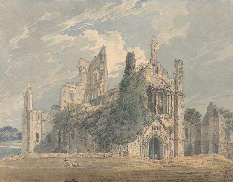Kirkstall Abbey from the N.W. by Thomas Girtin, watercolor on paper, depicting ruins and hills