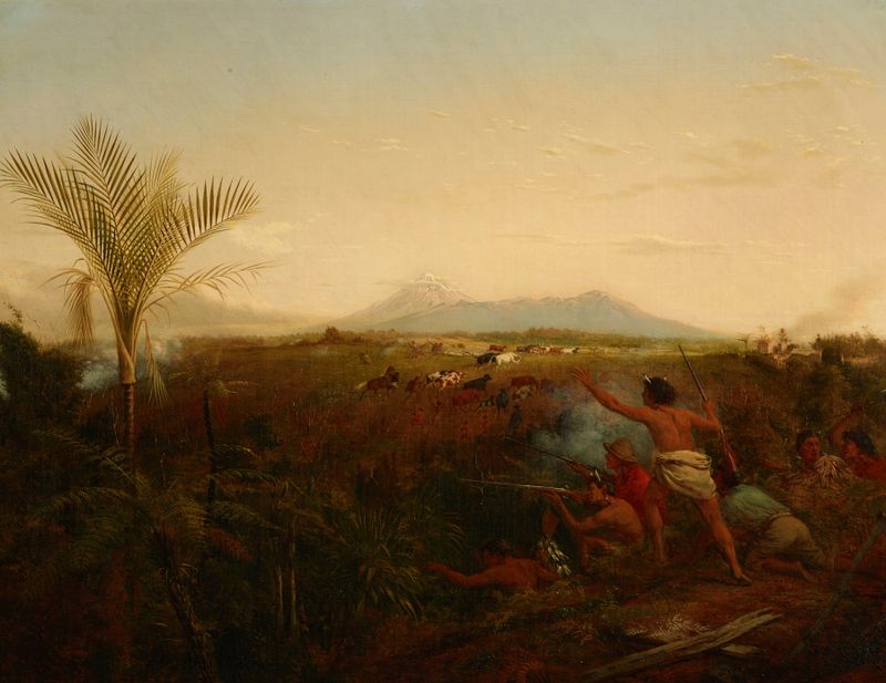 Vista del Mt Egmont, Taranaki, Nueva Zelanda, óleo sobre lienzo de William Strutt