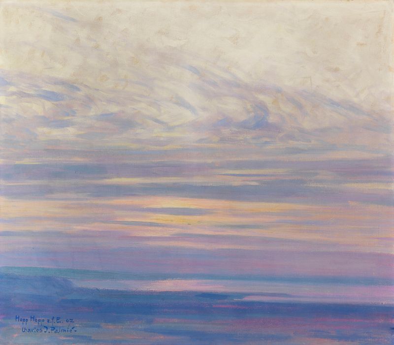 Morgenstimmung am Bodensee by Charles Johann Palmié, oil on canvas depicting a serene dawn over a lake.