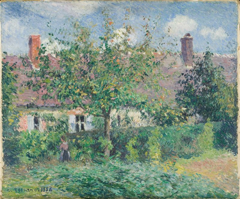 Peasant House at Éragny de Camille Pissarro, pintura al óleo que representa una casa de campo en un paisaje rural.