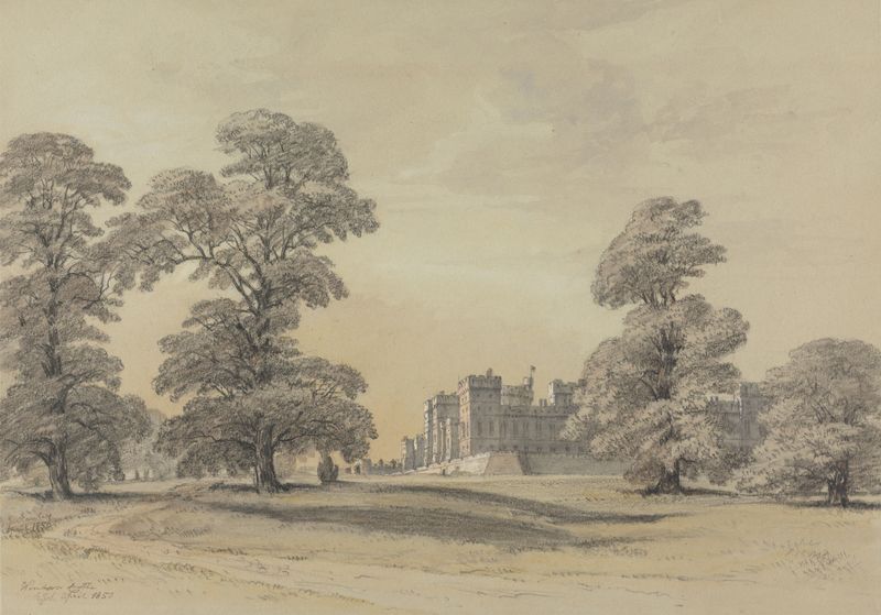 Windsor Castle, abril de 1850 por E. J. Stanley, óleo que retrata uma paisagem com nuvens e luz.