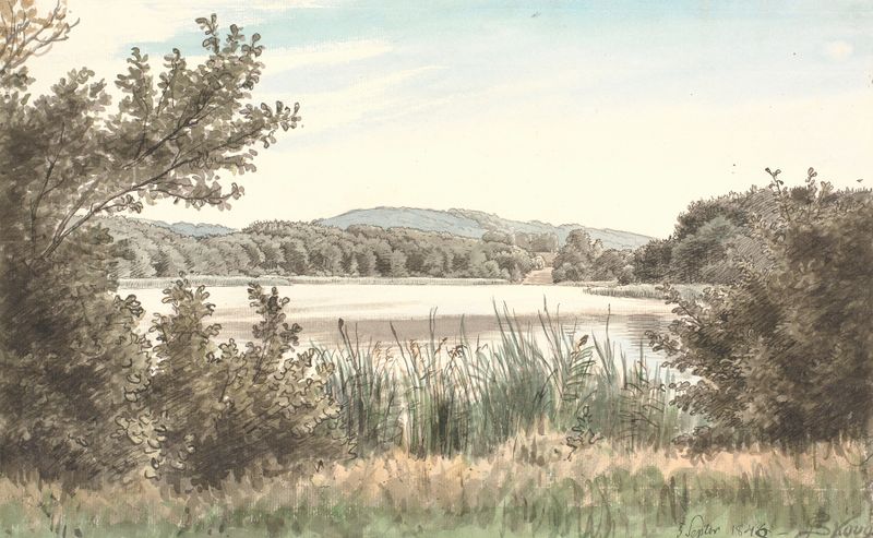 Landscape of Hundesøen paa Møen by P. C. Skovgaard, oil painting depicting serene lake and nature.