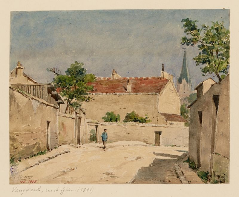 Landscape oil painting by Louis-Martial-Théodat Masson featuring a cobblestone path and church.