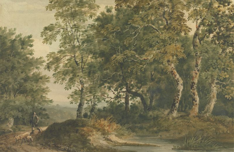 Paisagem com um homem conduzindo ovelhas, óleo sobre tela de Thomas Barker