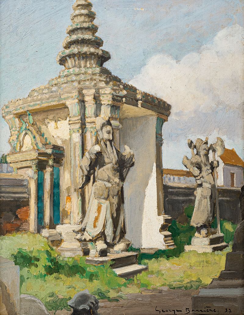 La porte du temple de Georges Barrière, óleo sobre tela que retrata um portão de templo com luz quente.