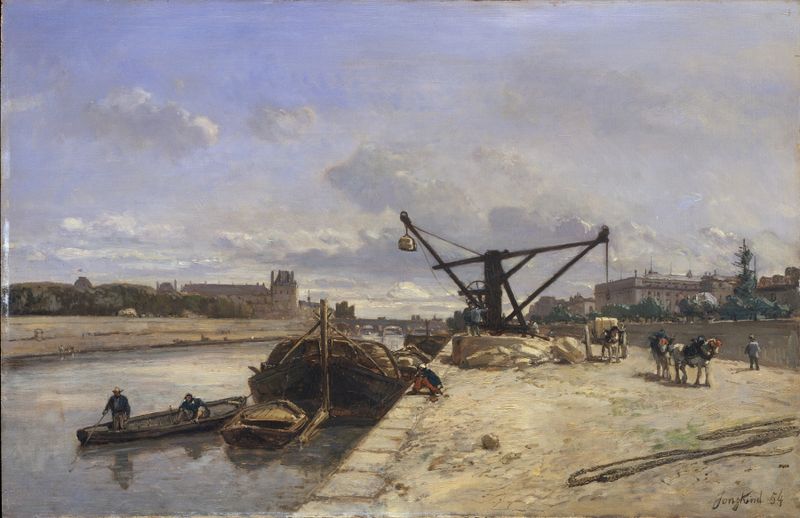 Escena marina con olas en el Sena al atardecer, pintura al óleo de Johan Barthold Jongkind