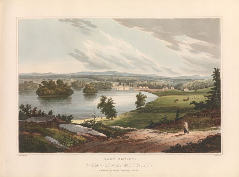 Fort Edward by John Hill, Romanticism, depicting a fort at twilight with stone walls and nature.