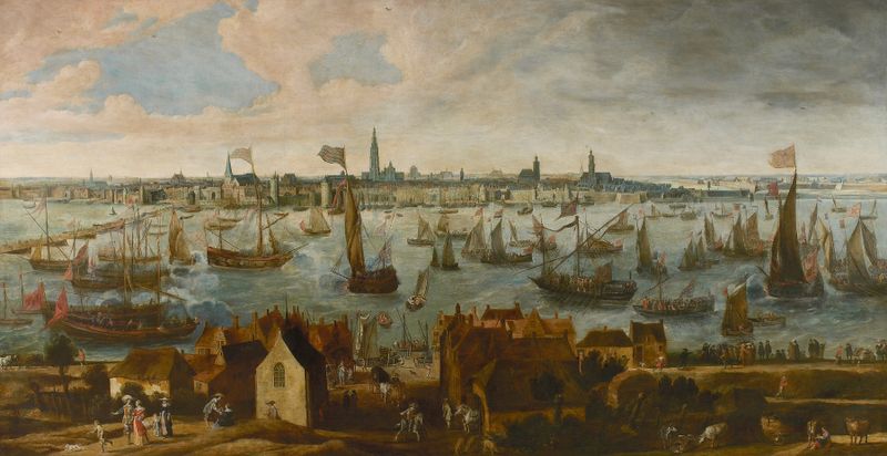 Marine scene of Antwerp port with boats, oil on canvas by Bonaventura Peeters the Elder