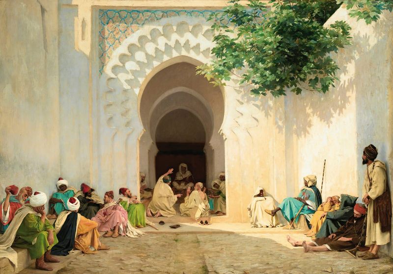 Une Audience Du Pacha A Tanger, óleo sobre tela de Georges Bretegnier retratando um pacha e figuras em um ambiente cerimonial