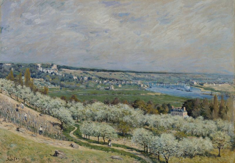 La Terraza en Saint-Germain, Primavera de Alfred Sisley, pintura al óleo de un jardín exuberante.