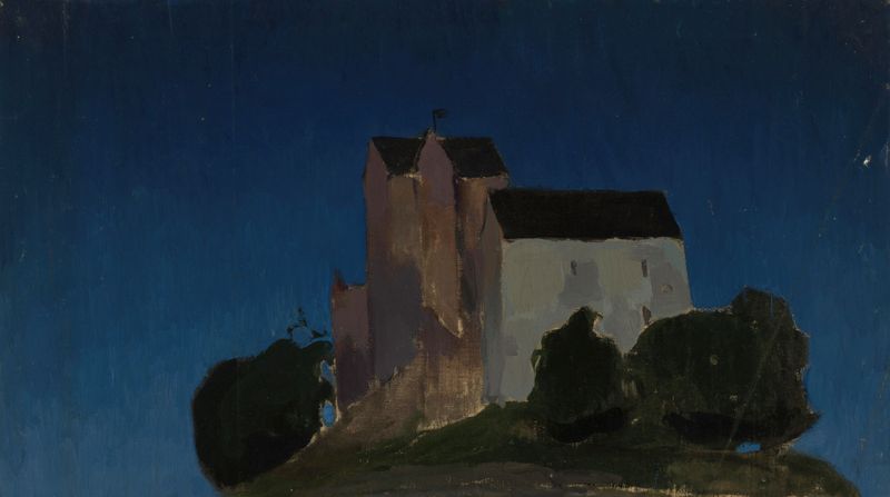 Öine maastik by Nikolai Triik, oil on canvas depicting a dark landscape at twilight.
