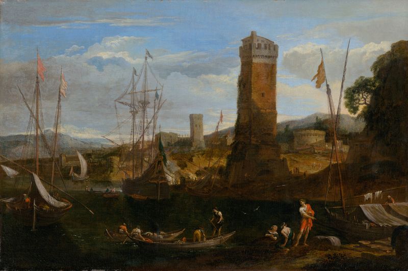Seaside Landscape I de Johann Anton Eismann, pintura a óleo que retrata uma cena costeira tranquila