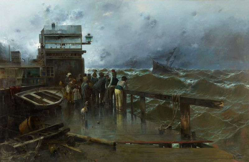 Shipwreck Warning by José Navarro y Llorens, oil painting depicting a tumultuous sea with crashing waves