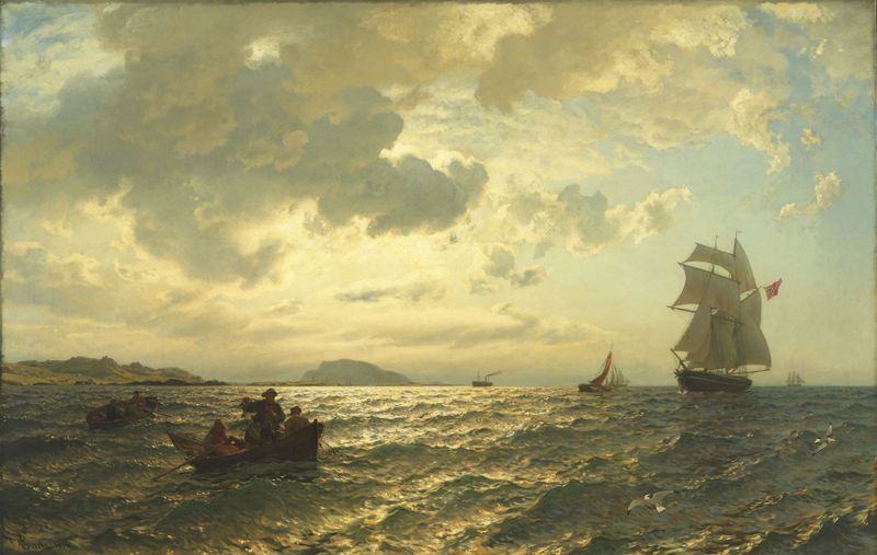 Marine scene with gentle waves, oil on canvas by Hans Gude