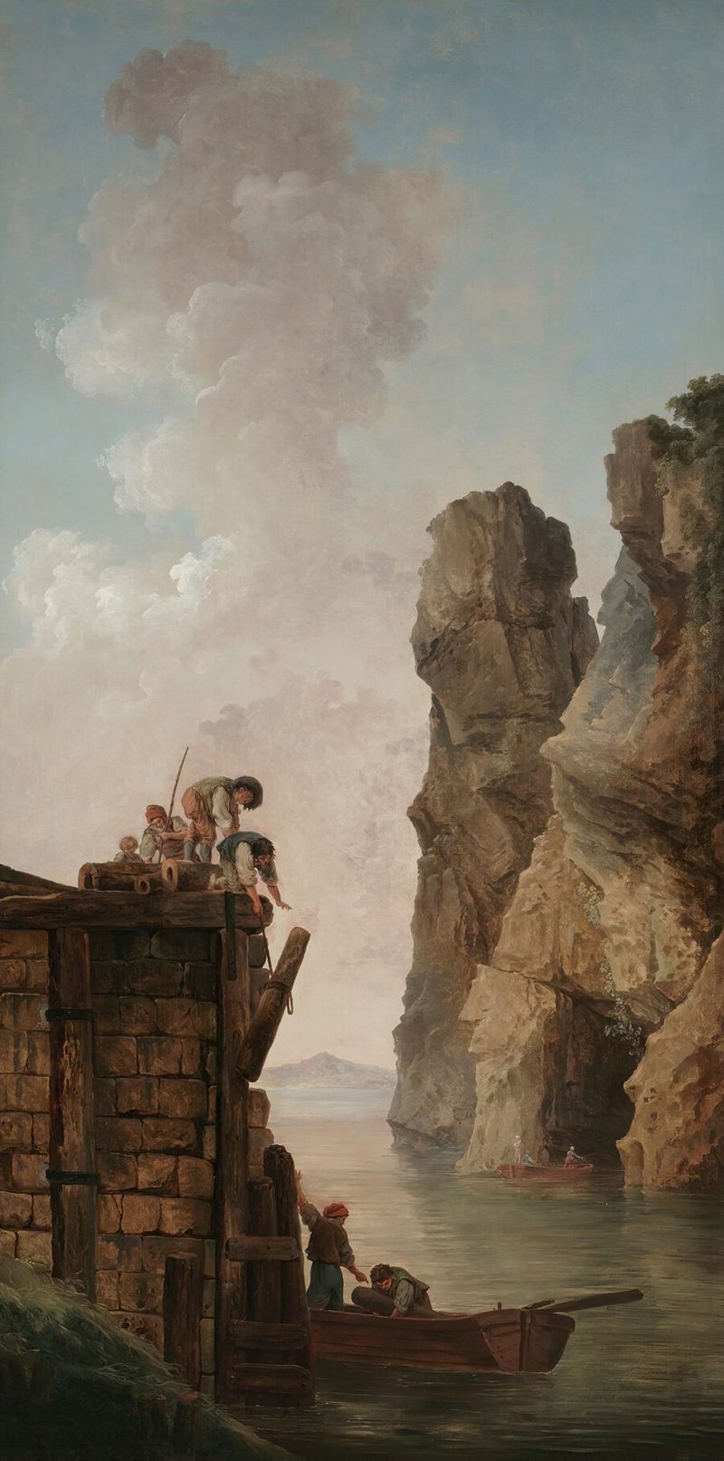 La Débarcadère de Hubert Robert, óleo sobre lienzo que representa un tranquilo canal y muelle