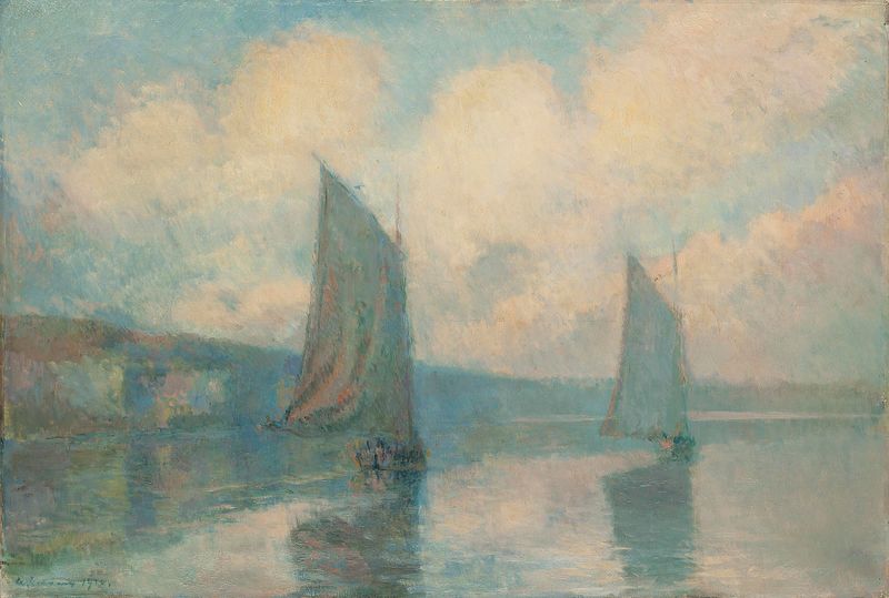 Sailboats on the Seine river, oil painting by Albert Lebourg
