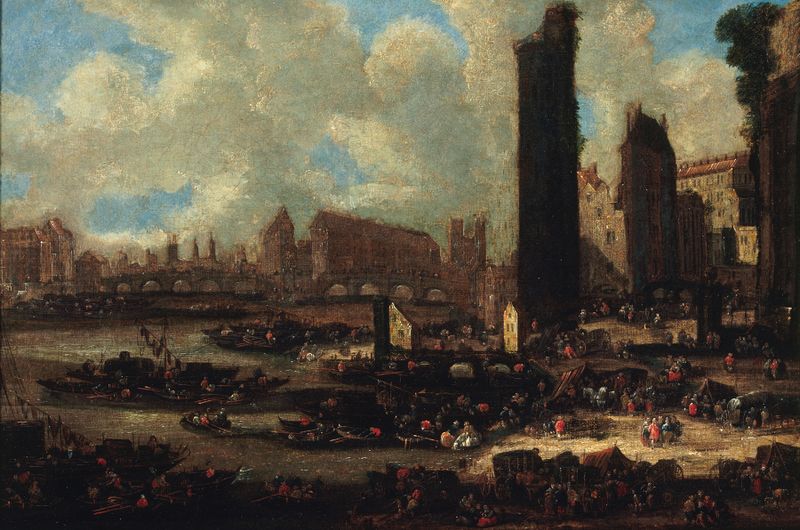 Landscape of Le Pont-Neuf, la Cité, la Tour et la Porte de Nesle, oil on canvas by Pieter Casteels