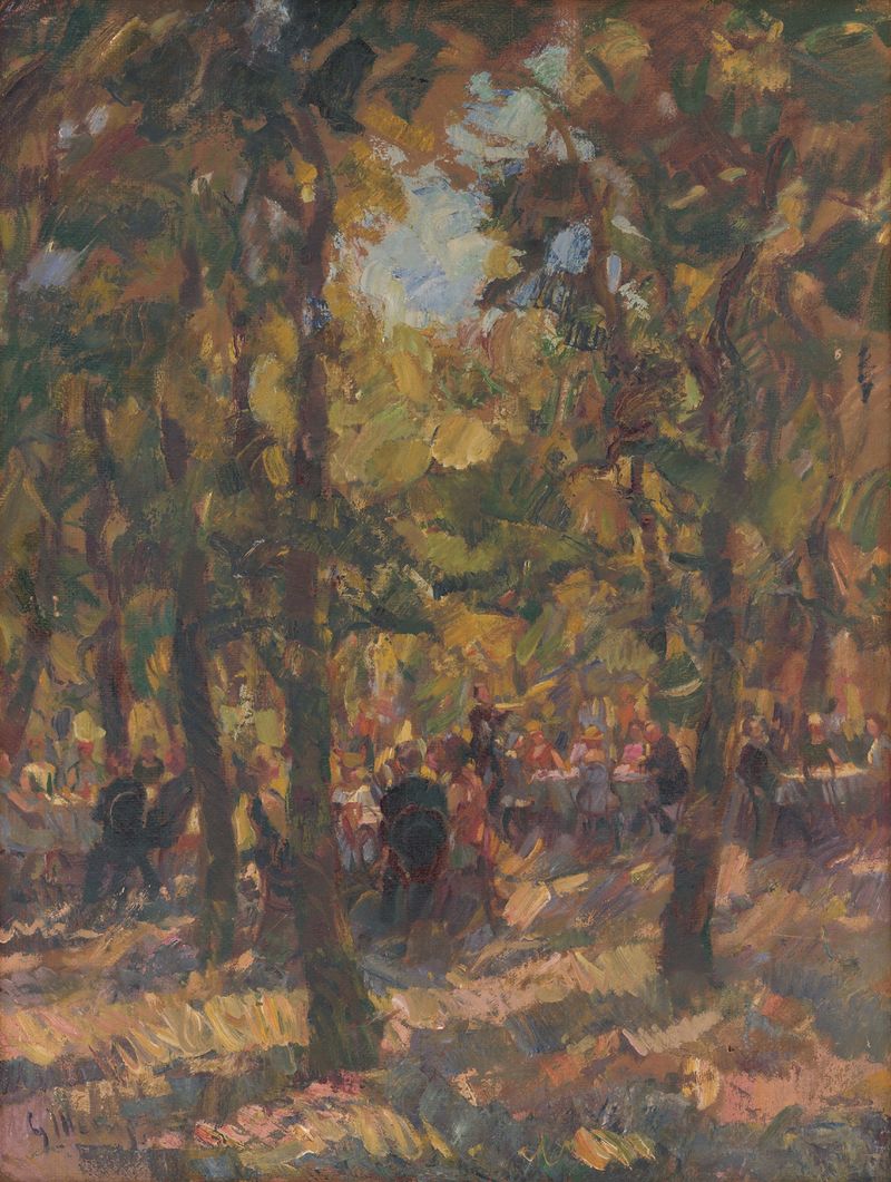 Bajo los Árboles de Gustáv Mallý, que representa una escena de bosque exuberante con verdes vibrantes y luz filtrada.