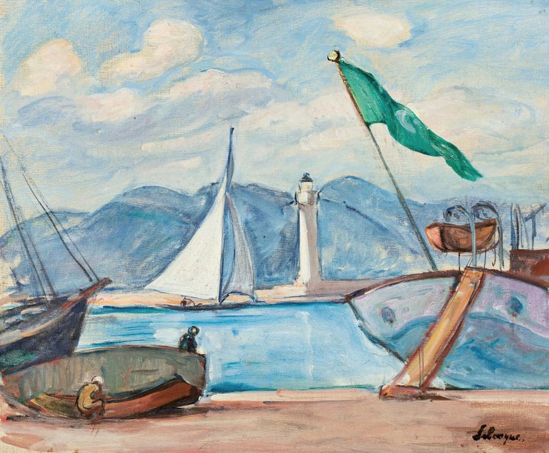 Le port de Saint-Tropez de Henri Lebasque, óleo sobre tela mostrando barcos em um porto.