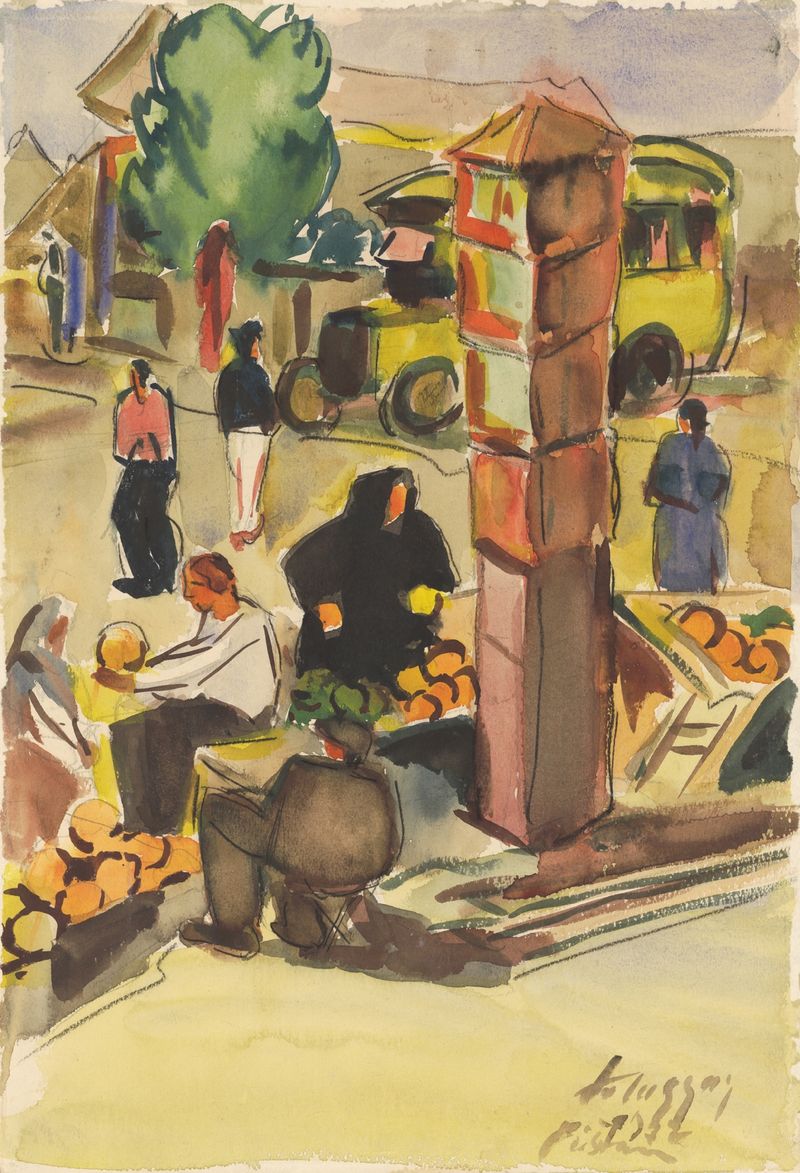 Cena de gênero representando um mercado com cores vibrantes de Zolo Palugyay, 1932