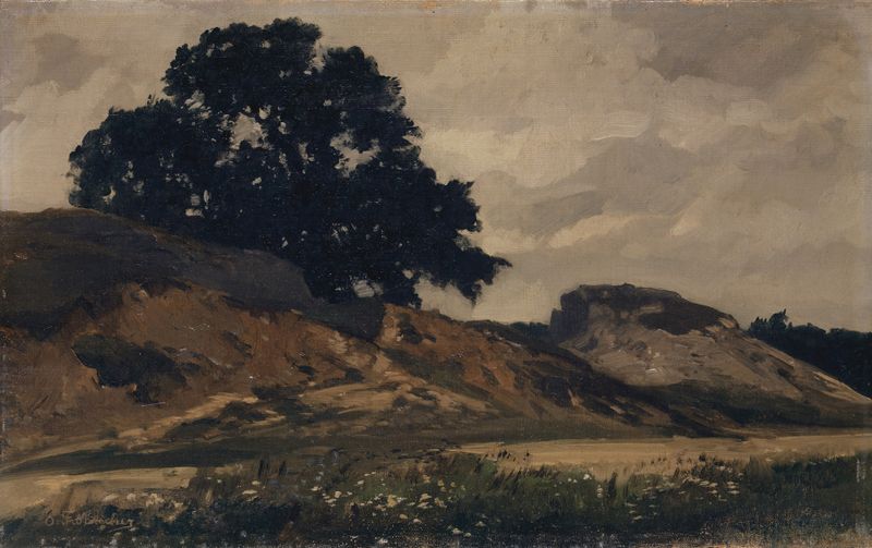 Paisaje montañoso con un gran árbol, pintura al óleo de Otto Frölicher