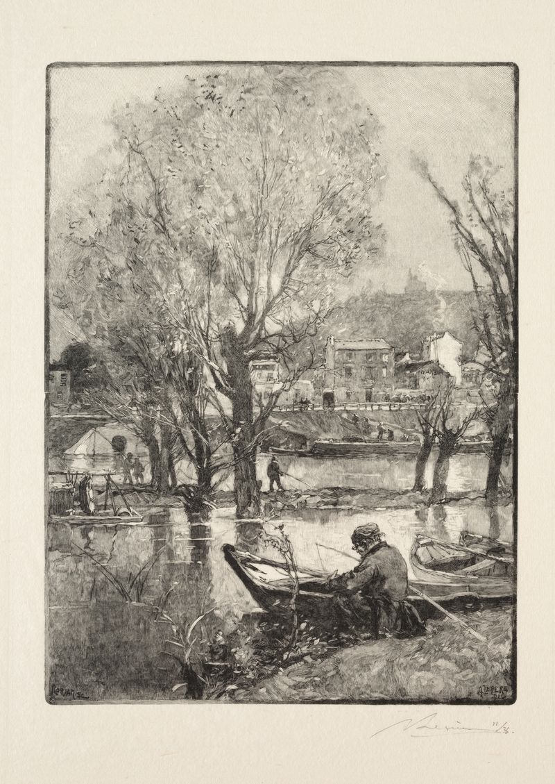 Gravura de Auguste Louis Lepère mostrando uma figura solitária em um aterro