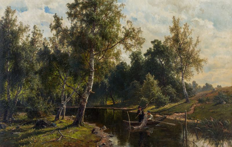 Fishing de Edvard Bergh, pintura a óleo de um menino agachado à beira de um rio em uma paisagem tranquila.
