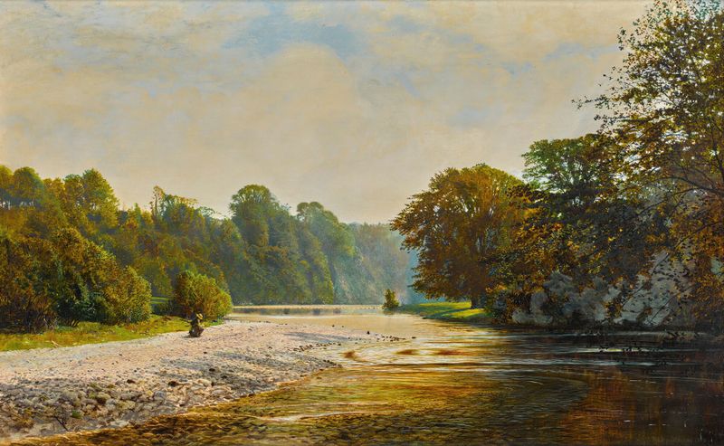 Stepping Stones, Bolton Abbey de John Atkinson Grimshaw, pintura al óleo que representa un río y una abadía al anochecer