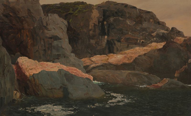Paisaje de Laborador, Big Island de Frederic Edwin Church, con terreno accidentado y una figura solitaria.