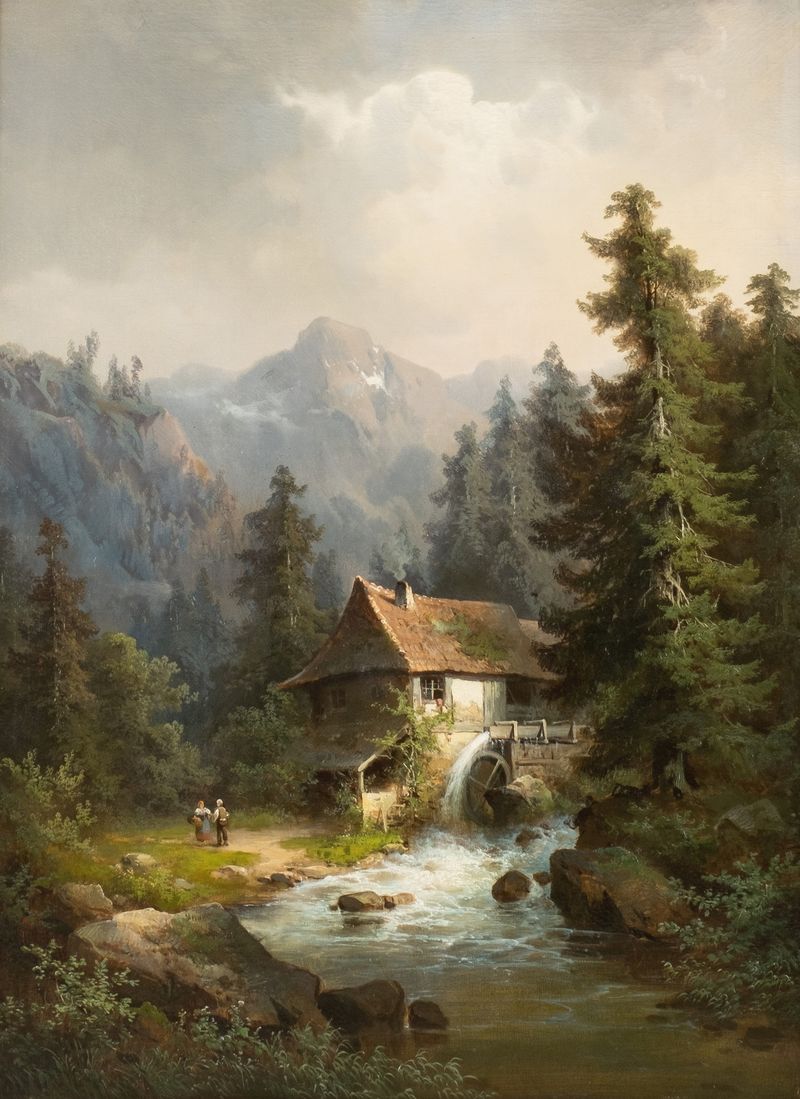 Water mill in the mountains, oil on canvas by Guido Hampe