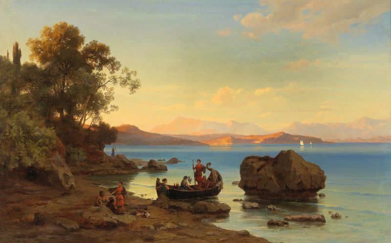 Coastal landscape with rugged cliffs and ocean, oil painting by Max Schmidt