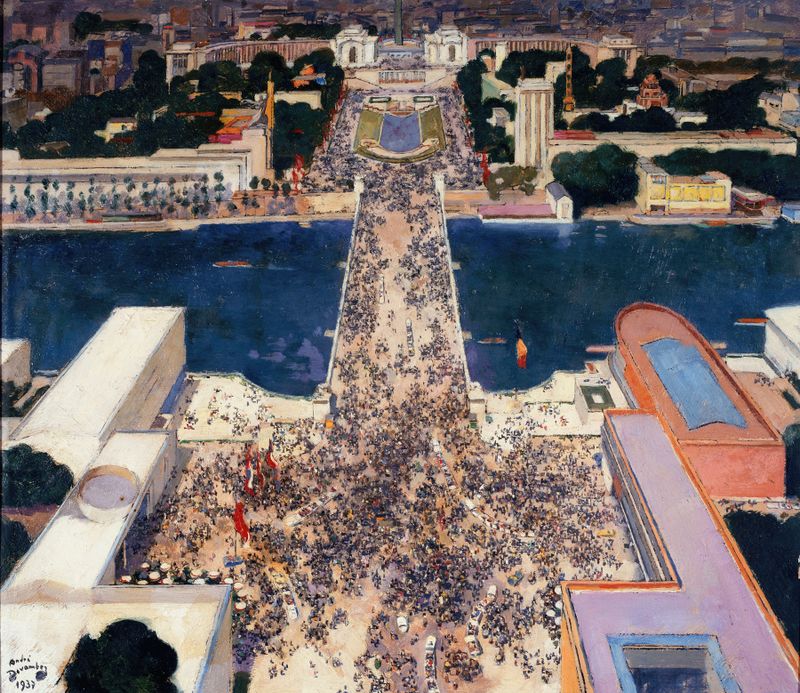 Landscape of La colline de Chaillot during the 1937 exposition, oil painting by André Victor Édouard Devambez.