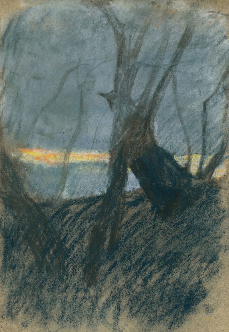 Paisaje de atardecer de Ladislav Mednyánszky, óleo sobre lienzo con vibrantes naranjas y morados.