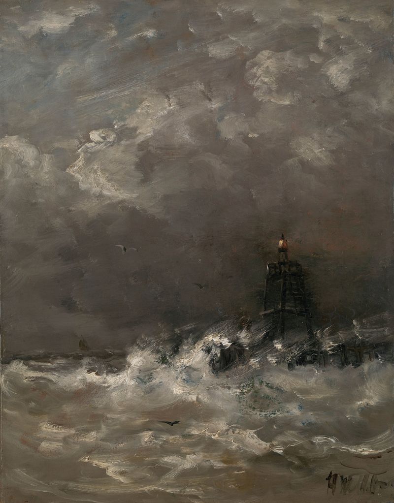 Faro em Ondas Quebrando, óleo sobre tela de Hendrik Willem Mesdag