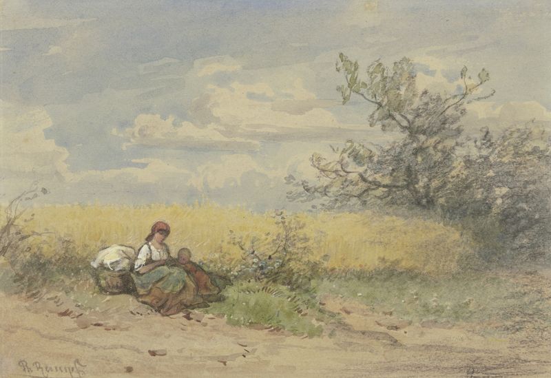 Realism artwork by Philipp Rumpf depicting a peasant woman with a child in a wheat field