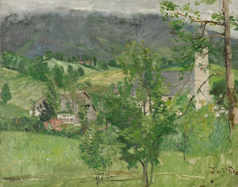 Rottach On Lake Tegernsee de Fritz von Uhde, óleo sobre lienzo, que muestra un lago tranquilo con colinas distantes.