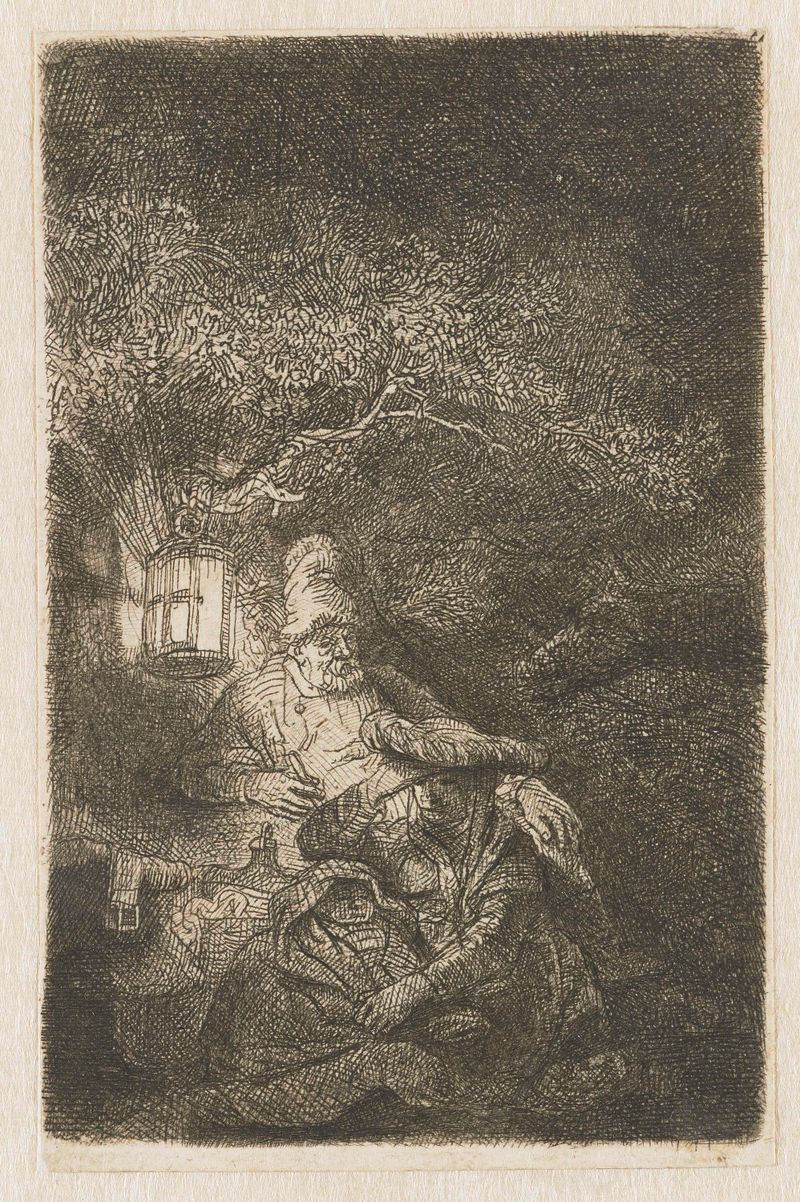 Etching by Rembrandt van Rijn depicting Mary and Joseph resting in a night scene.