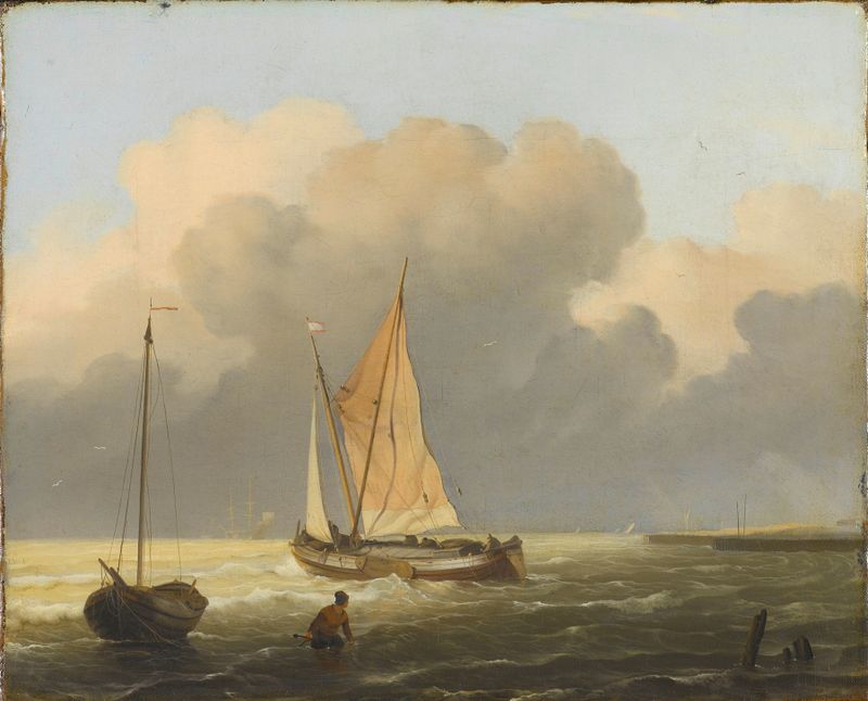 Sea off the Coast, with Spritsail Barge de Ludolf Backhuysen, óleo sobre tela