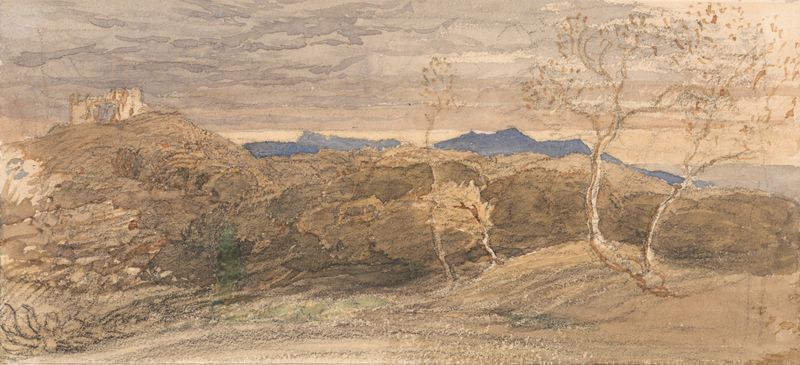 Escena de paisaje con colinas suaves y luz tenue, pintura al óleo de Samuel Palmer