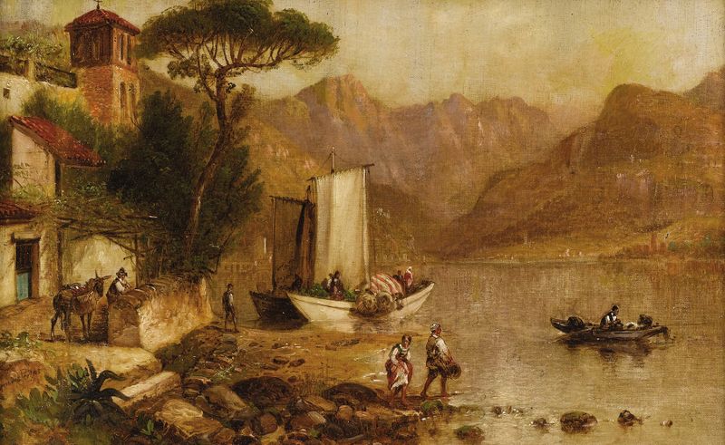 Village Coast de Granville Perkins, óleo sobre tela representando uma cena costeira com barcos e luz suave.