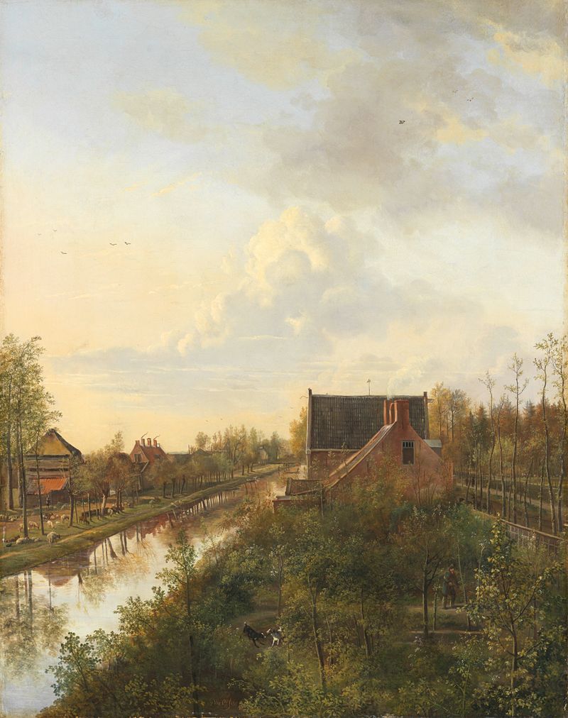 Oil painting by Pieter Gerardus van Os depicting a canal, garden, and dogs in ’s-Graveland