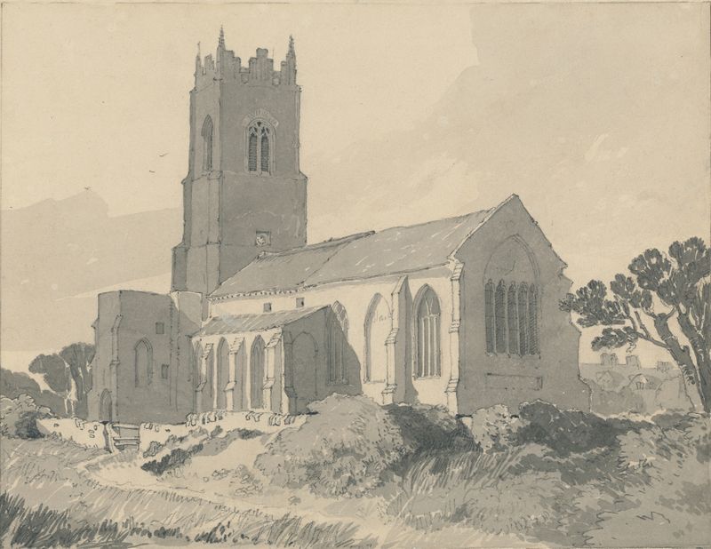 Ingham Church, Norfolk de John Sell Cotman, pintura a óleo que retrata uma torre de igreja entre árvores.