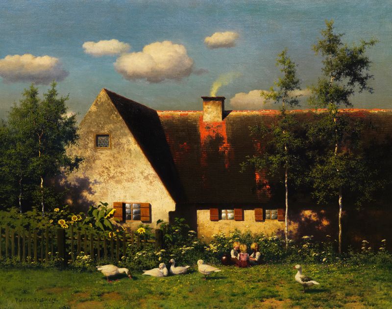 Genre scene depicting children playing with geese, oil painting by Paul Wilhelm Keller-Reutlingen.
