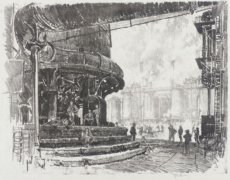 Cena de gênero representando trabalhadores em um alto-forno, gravura de Joseph Pennell