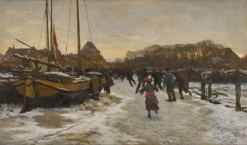 Ijsvermaak by Willem Bastiaan Tholen, oil on canvas depicting figures skating on ice.