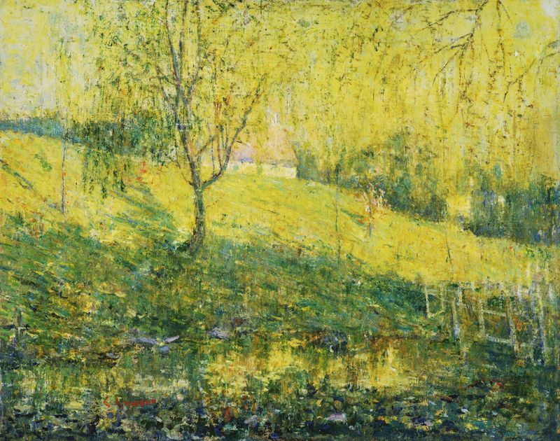 Paisaje de primavera en óleo sobre lienzo de Ernest Lawson, mostrando vegetación exuberante y colores vibrantes.