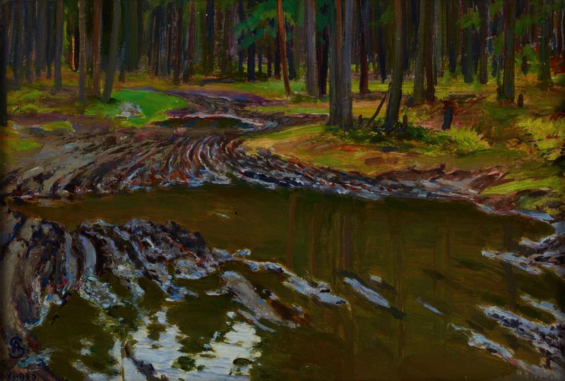 Mud in the Forest by Ambroży Sabatowski, oil painting depicting a serene forest landscape.
